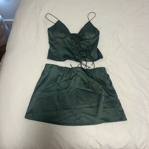 Green satin top and skirt